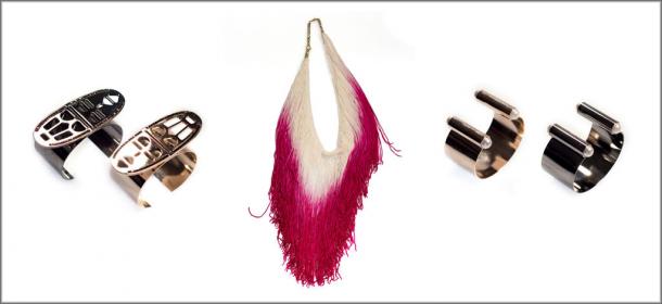 Two variations of bracelet 35 (left), necklace 201B (center), and two more unnamed bracelets (right), from Coliac Martina Grasselli's Bracelets and necklace by Coliac Martina Grasselli