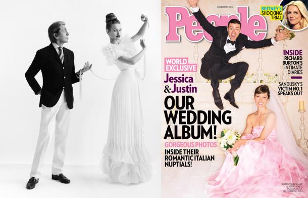 Valentino with muse Natalia Vodianova in his bridal creation, image exhibited during the designer's retrospective A Valentino bridal creation and Jessica Biel's wedding gown by Giambattista Valli