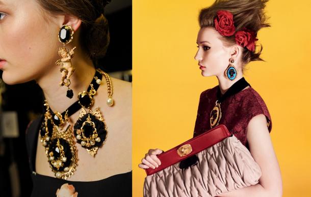Oversized jewelry from Dolce & Gabbana and Miu Miu