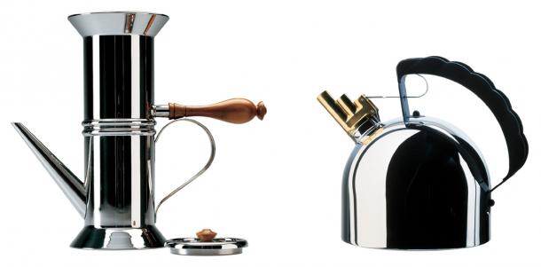Left: Neapolitan coffee maker, designed by Riccardo Dalisi starting in 1979. Right: Melodic Kettle, designed by Richard Sapper in 1983 Alessi Neapolitan coffee maker and Melodic Kettle