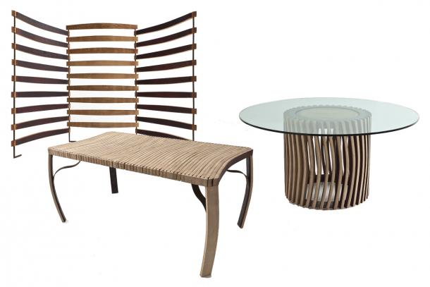 Wine lovers take note: beautiful, creative new way to decorate your home or office. From left to right: Paravento Plié (a screen designed by Matteo Thun), the Doga bench (by Michele De Lucchi) and the Stave table (by Giuliano Cappelletti). © Barrique Project Barrique Project: screen, bench and table