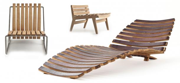 A few ways to take it sitting down, the Sardinia (designed by Aldo Spinelli), Poltrona Lounge (by Antonio Citterio) and DOC (by Marc Sadler), all made from repurposed oak barrels, which had their day making wine. © Barrique Project Barrique Project: chairs and chaise lounges