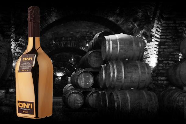 The unusual golden bottle of Otellon'Ice, the demi-sec sparkling Lambrusco from Cantine Ceci meant to be served with ice Otellon'Ice Lambrusco from Cantine Ceci
