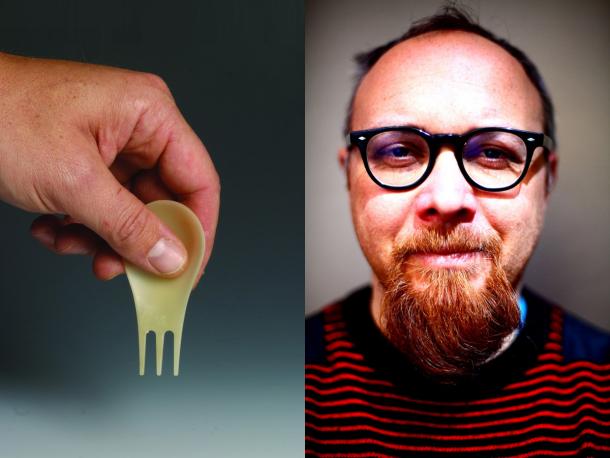 The Moscardino spork and Giulio Iacchetti, its designer with Matteo Ragni for Pandora Design Moscardino spork and Giulio Iacchetti