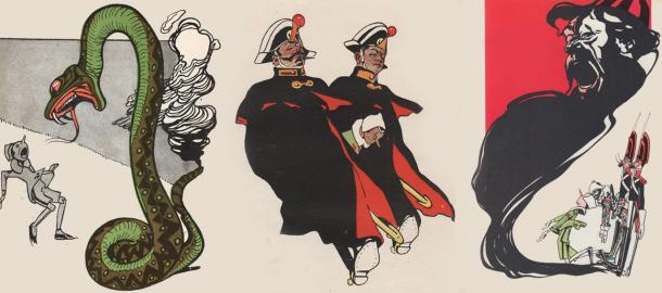 Pinocchio meets the giant snake, is in trouble with the law again, and then is confronted by the Mangiafuoco (the Pinocchio illustrations by Attilio Mussino