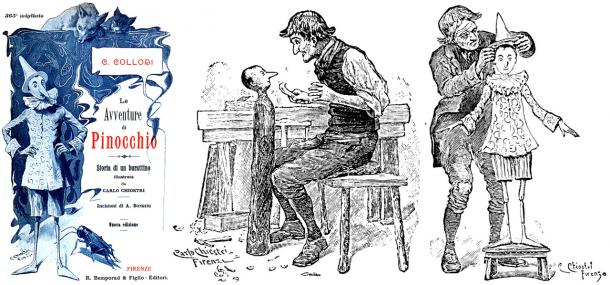Geppetto brings Pinocchio to life, as Carlo Chiostri's illustrations bring Collodi's story to life. From: Pinocchio illustrations by Carlo Chiostri