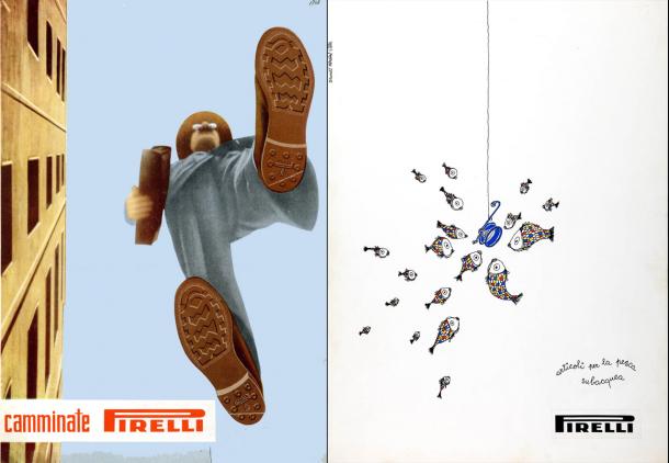 Pirelli ads for rubber shoe soles and scuba diving equipment