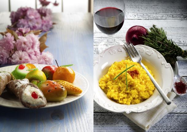 Two polar opposites in Italian cooking: ricotta and marzipan sweets from Sicily and saffron risotto from Milan. © iStockphoto/Thinkstock Ricotta and marzipan sweets from Sicily and saffron risotto from Milan