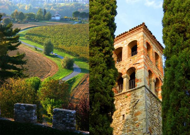 Friuli Venezia Giulia countryside with castle and church bell tower 