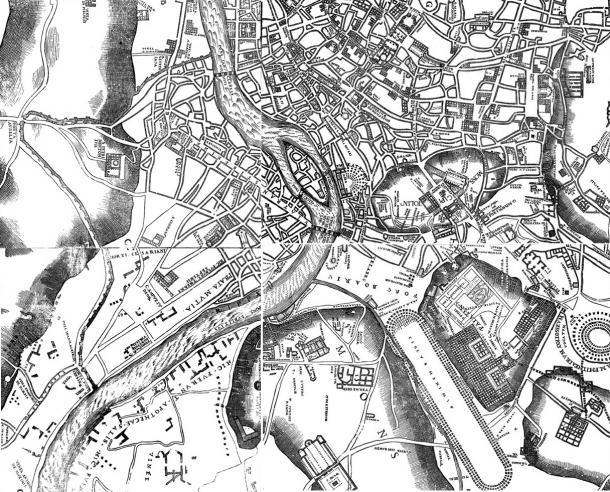 Trastevere can be easily identified in this detail of Leonardo Bufalini's 1551 map of Rome. The neighborhood is on the left bank of the Tiber river, while Rome's classical center is on the other side of the river, with the Colosseum on the lower right corner of the map Trastevere in a 1551 map of Rome